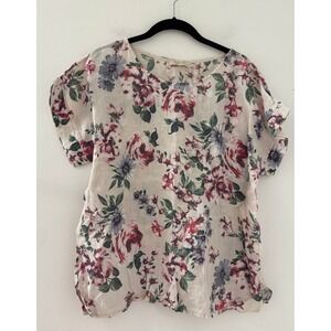 Bellambia Italian Linen Pink/Purple Floral Short Sleeve Top size Medium